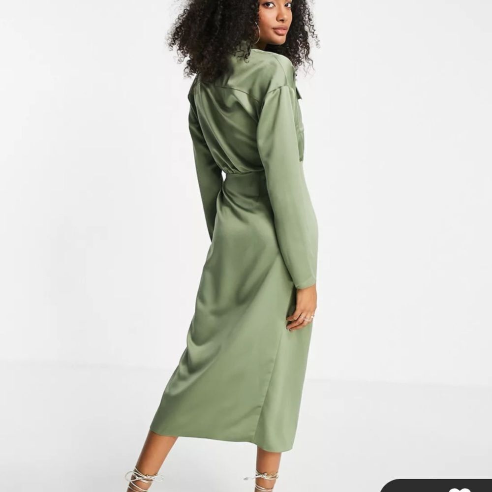ASOS Design‎ Satin Collared Wrap Midi Shirt Khaki Size 14 NWT - Picture 4 of 7